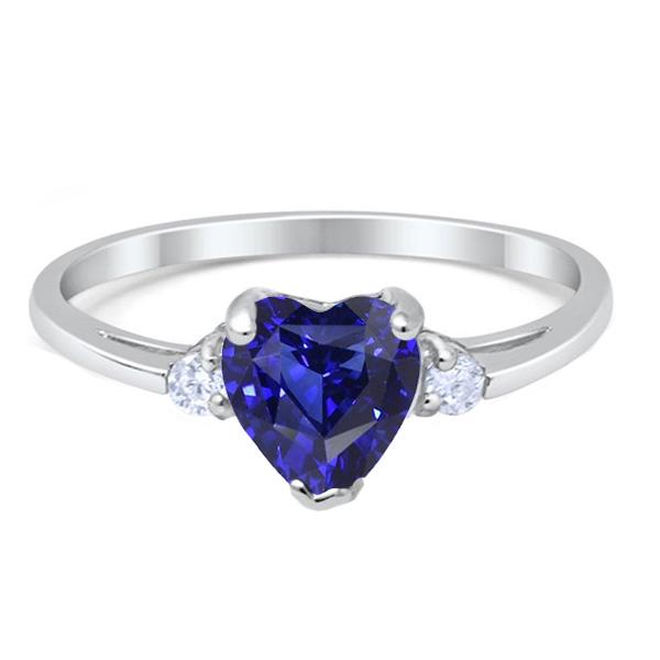 67598 2 CT Gold Three Stone Heart Deep Blue Sapphire Wedding Ring, Size 6.5