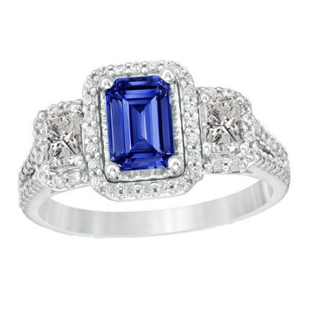 Double Halo Emerald Cut Ceylon Sapphire 4.50 CT Split Shank Ring, Size 6.5