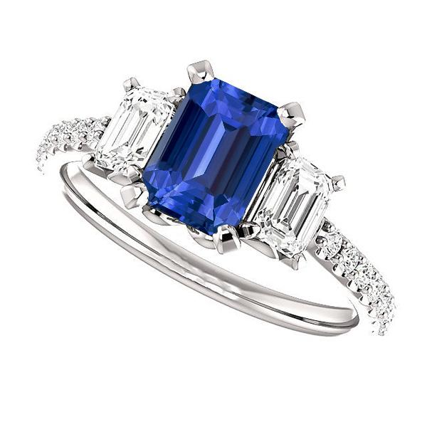 67602 4.50 CT Three Stone Emerald Sapphire Ring with Accented Diamonds, Size 6.5