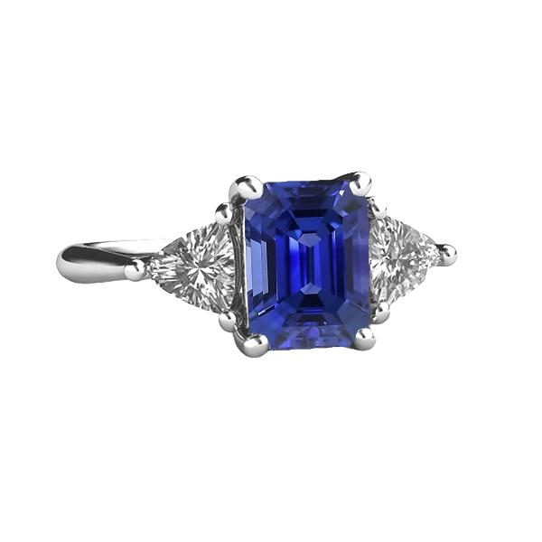 67606 2.50 CT 3 Stone Blue Sapphire Emerald & Trillion Diamonds Ring, Size 6.5