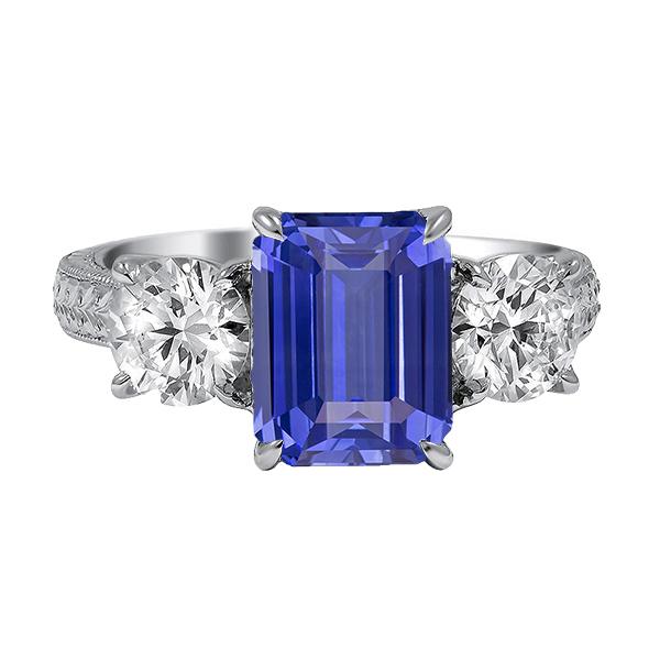 67611 3 CT Three Stone Antique Style Emerald Ceylon Sapphire Ring, Size 6.5