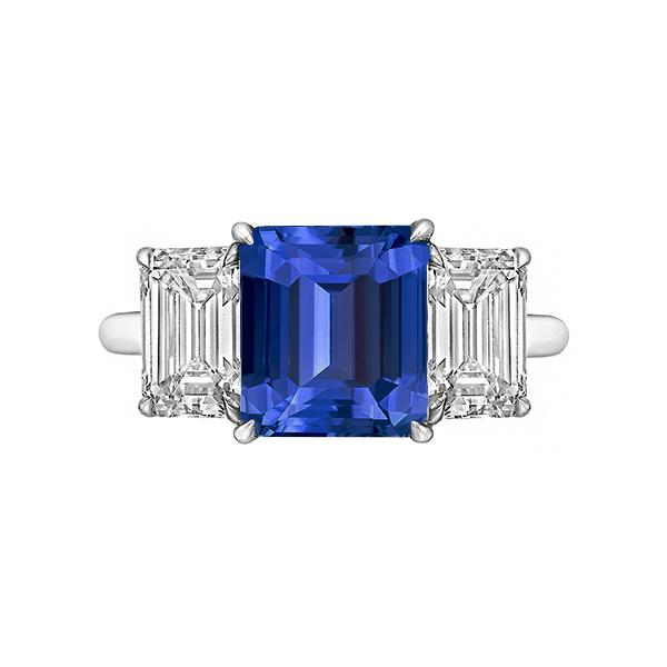 67620 Emerald Three Stone Blue 3 CT Gold Sapphire Ring, Size 6.5