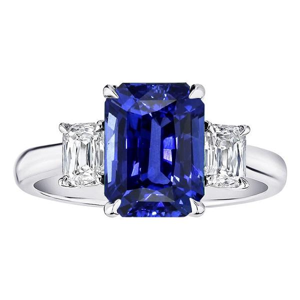 67628 3 CT Gold Radiant 3 Stone Blue Sapphire Ring & Cushion Diamonds, Size 6.5