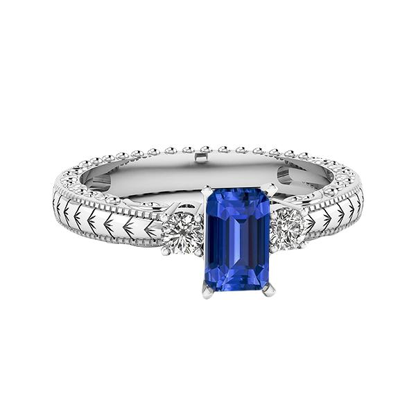 67629 1.75 CT Three Stone Antique Style Emerald Sri Lankan Sapphire Ring, Size 6.5