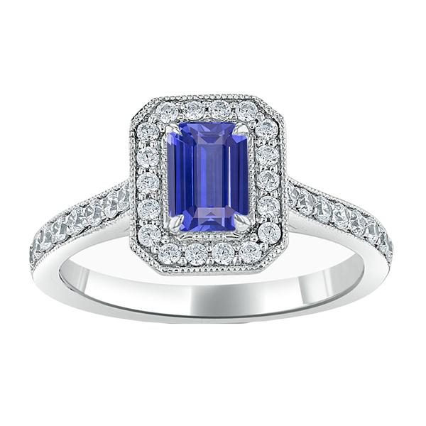 Emerald Sapphire & Diamonds 3 CT White Gold Milgrain Halo Ring, Size 6.5