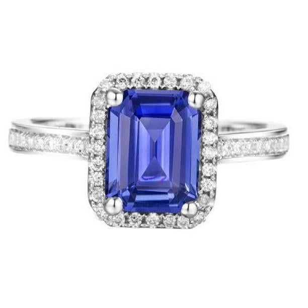 68026 3.50 CT Halo Diamond Blue Sapphire Emerald Cut Wedding Ring, Gold - Size 6.5