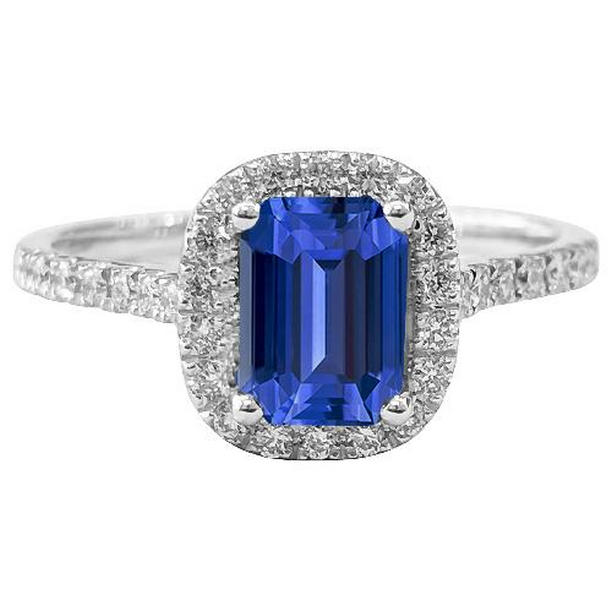 68027 3.50 CT Sparkling Diamond Emerald Ceylon Sapphire Gold Halo Ring, Size 6.5