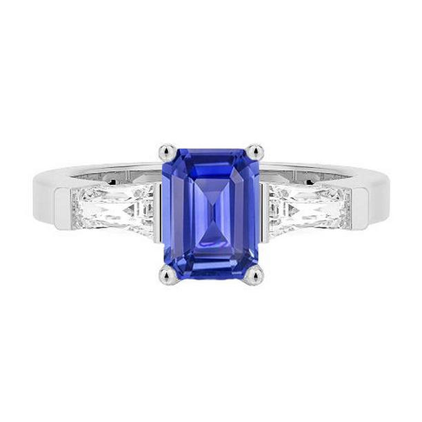 68033 1.75 CT 3 Stone Baguette Diamonds Blue Emerald Cut Sapphire Ring, Size 6.5