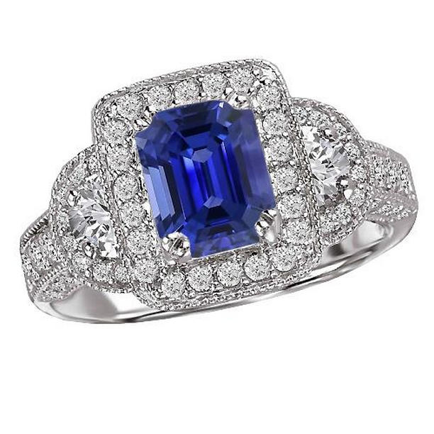 68037 4 CT Halo Round & Half Moon Diamond Blue Emerald Cut Sapphire Ring, Size 6.5