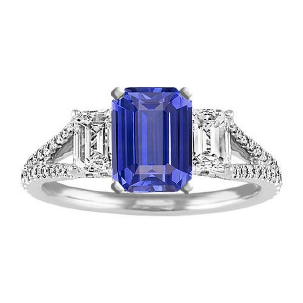 3.50 CT Emerald 3 Stone Sapphire Ring with Accents Split Shank, Size 6.5