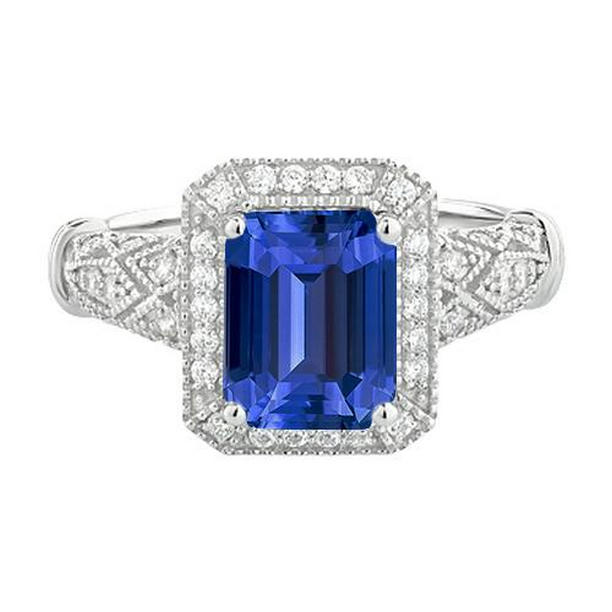 Halo Emerald Blue 4 CT Milgrain Shank Diamond Sapphire Ring, Size 6.5