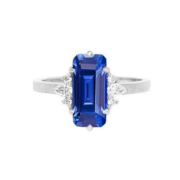 3 CT Emerald Ceylon Sapphire Pear & Round Diamonds Gemstone Ring, Size 6.5