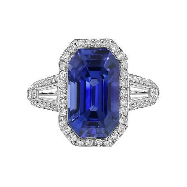 68049 4 CT Halo Emerald Sapphire Ring with Round & Baguette Diamonds, Size 6.5