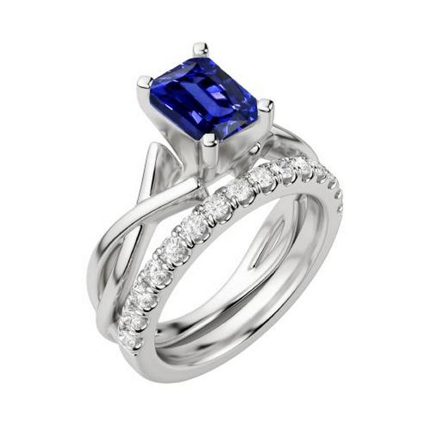 68050 Diamond Set Radiant Sapphire 2.50 CT Infinity Shank Wedding Ring, Size 6.5