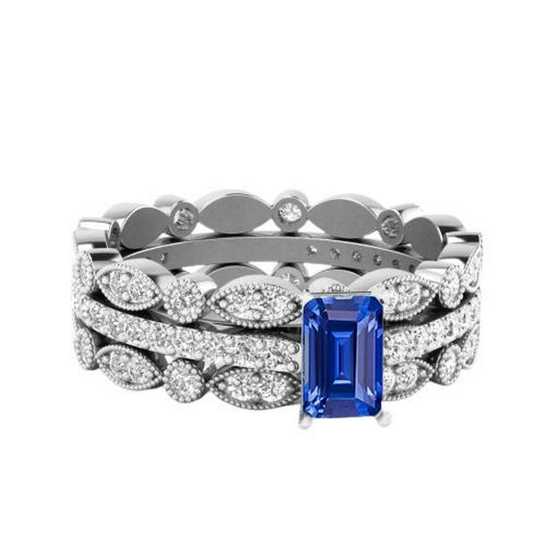68052 Diamond Set Emerald Sapphire 3 CT Milgrain Shank Wedding Ring, Gold - Size 6.5