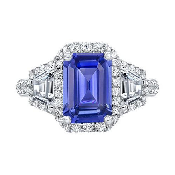 68054 Halo Emerald Blue 4.50 CT Trapezoid & Round Diamonds Sapphire Ring, Size 6.5