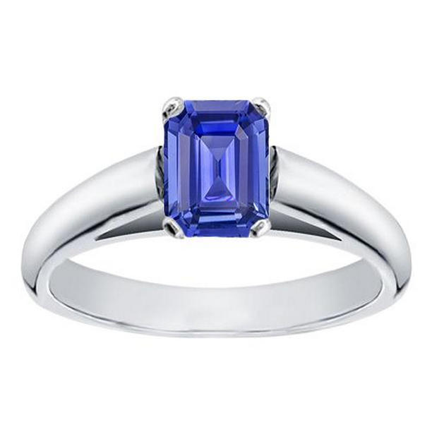 68062 1.50 CT White Gold Solitaire Emerald Cut Ceylon Sapphire Ring, Size 6.5