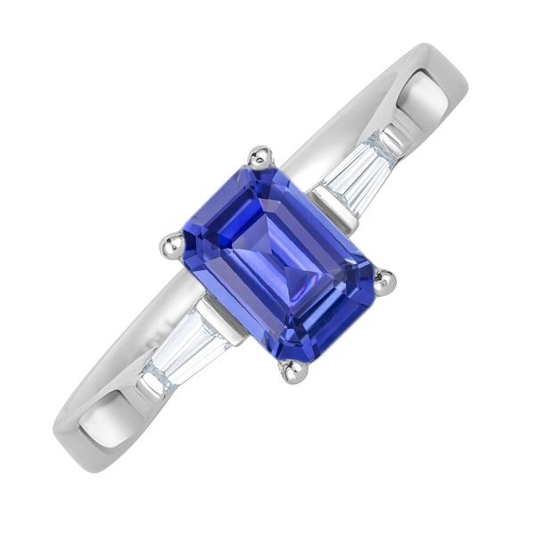 3 CT Three Stone Emerald Sapphire & Tapered Baguette Diamonds Ring, Size 6.5