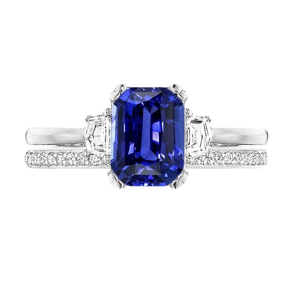 68074 4 CT Diamond Set Radiant Sapphire Prong 3 Stone Wedding Ring, Size 6.5