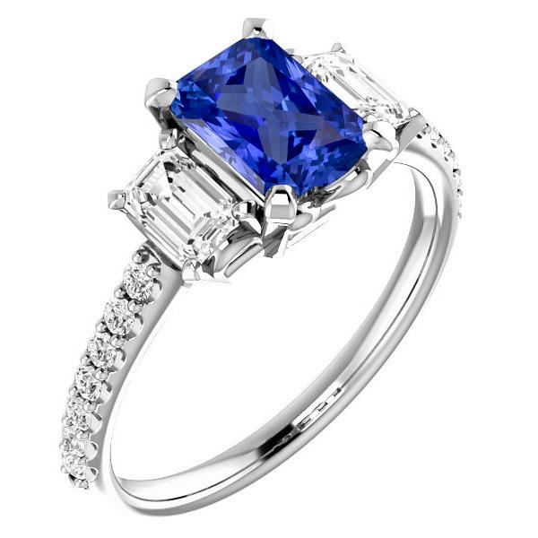 68478 3 CT Emerald Diamond Radiant Blue Sapphire Ring, 14K White Gold - Size 6.5