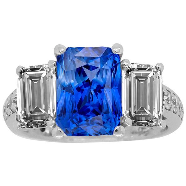 Gemstone Radiant 4.50 CT Emerald & Round Diamonds Sapphire Ring, Size 6.5