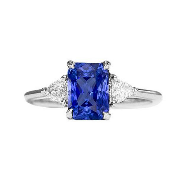 68483 2.25 CT Womens 3 Stone Radiant Sapphire Ring & Trillion Diamonds, Size 6.5