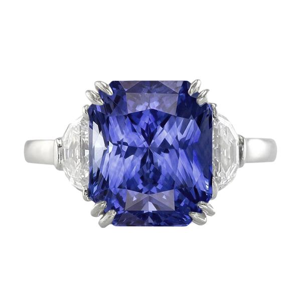 68484 3 Stone Double Prong Radiant Sapphire 4 CT Half Moon Diamonds Ring, Size 6.5