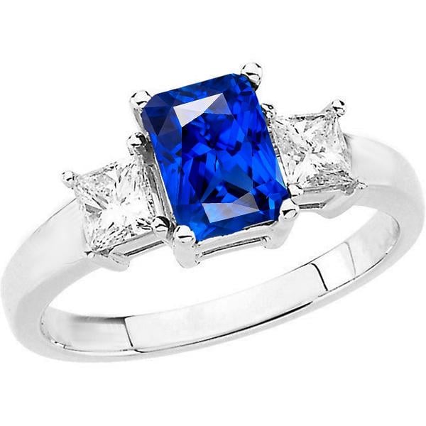 3 CT Radiant 3 Stone Blue Sapphire Ring & Princess Diamonds, Size 6.5