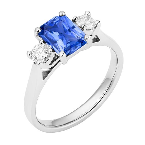 68487 2.50 CT Round Diamond 3 Stone Radiant Ceylon Sapphire Ring, Size 6.5