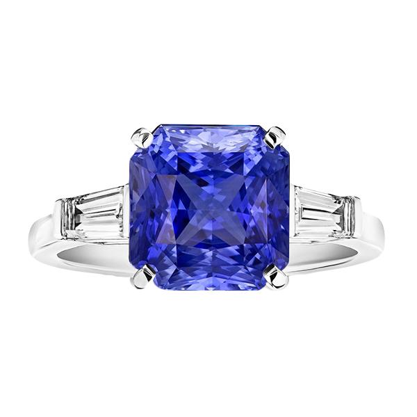 3.50 CT 14K Gold 3 Stone Radiant Sapphire & Baguette Diamonds Ring, Size 6.5