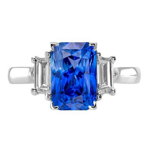 68489 Engagement 3 Stone Radiant 3 CT Emerald Diamonds Sapphire Ring, Size 6.5