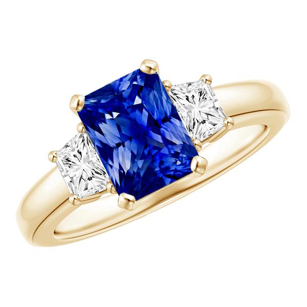 Picture of Harry Chad Enterprises 68492 3 CT Trapezoid & Radiant Sapphire 3 Stone Diamond Ring&#44; Yellow Gold - Size 6.5
