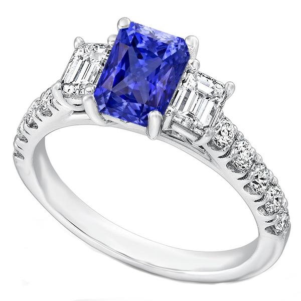 68495 3 CT Emerald Diamond Radiant Ceylon Sapphire Ring with Accents, Size 6.5