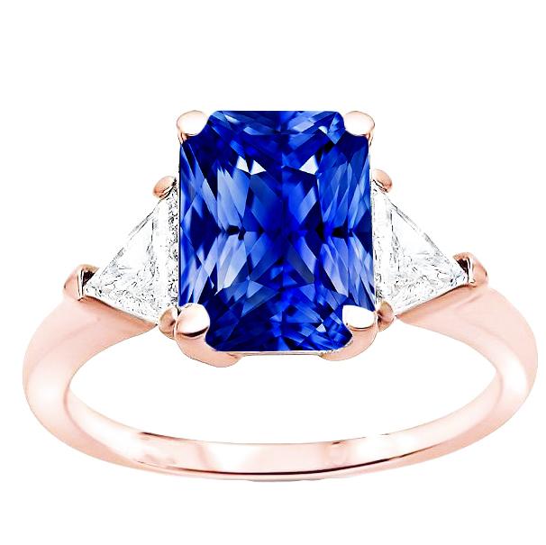 3 CT Trillion Diamond 3 Stone Radiant Sapphire Rose Gold Ring, Size 6.5