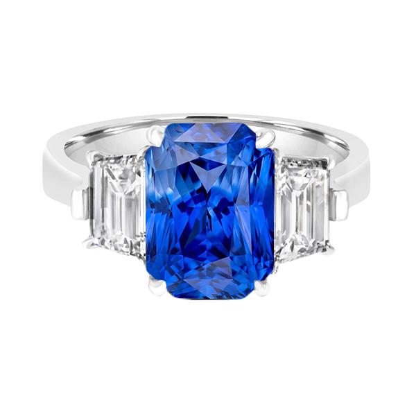 68502 Emerald Diamond 3 CT Light Blue Sapphire 3 Stone Anniversary Ring, Size 6.5
