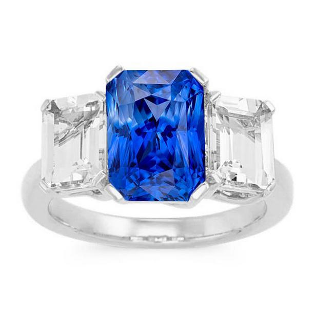 68512 Radiant Diamond Jewelry 3 CT Three Stone Blue Sapphire Ring, Size 6.5