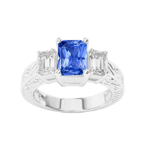 68514 Emerald Diamond Vintage Style 2 CT Blue Sapphire Radiant Shape Ring, Size 6.5