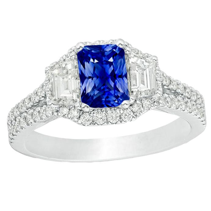 Halo Sapphire 4 CT Trapezoids & Pave Set Diamonds Engagement Ring, Size 6.5