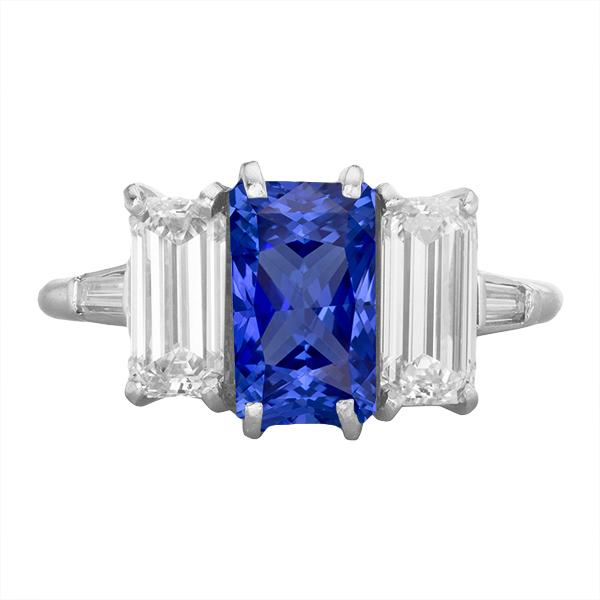 Gold Sapphire 3.75 CT Emerald & Baguette Diamonds Anniversary Ring, Size 6.5