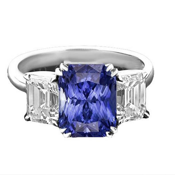 68517 3 CT Three Stone Emerald Diamond & Radiant Shape Sapphire Ring, Size 6.5