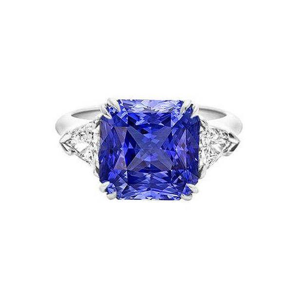 68519 Trillion Diamond 3 Stone 2.50 CT Double Prong Ceylon Sapphire Ring, Size 6.5