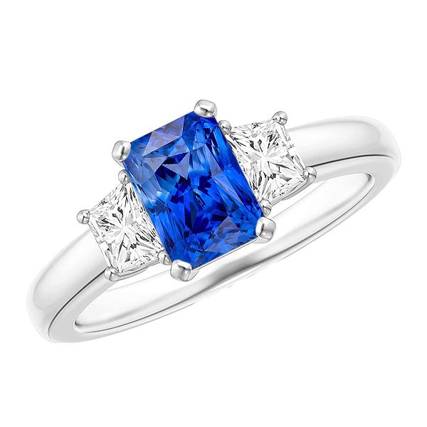 68520 Trapezoid Diamond Blue Radiant Cut 3 CT Three Stone Sapphire Ring, Size 6.5