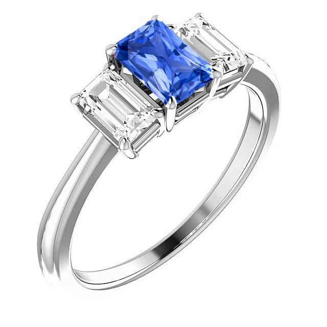Blue Sapphire 3 Stone 2 CT Emerald Cut Diamonds Engagement Ring, Size 6.5