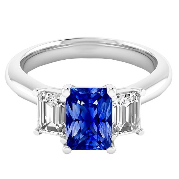 68523 2.50 CT 3 Stone Emerald Diamonds & Radiant Deep Blue Sapphire Ring, Size 6.5