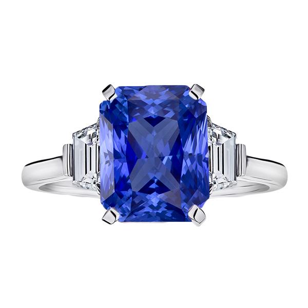 68524 Ceylon Sapphire Trapezoid Diamonds 4 CT Gold 3 Stone Gemstone Ring, Size 6.5