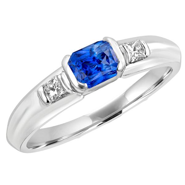 68528 1.75 CT Princess Diamond Gold Bar Set Blue Sapphire Gemstone Ring, Size 6.5