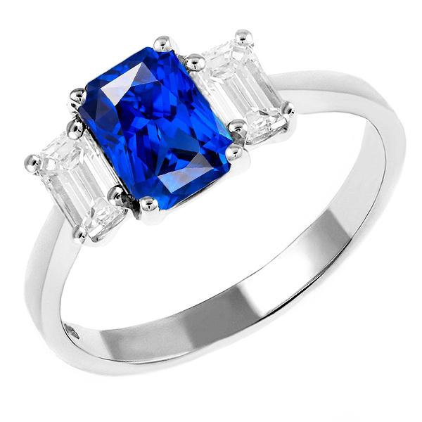 2.50 CT Emerald Diamond 3 Stone Sapphire Anniversary Ring, 14K Gold - Size 6.5