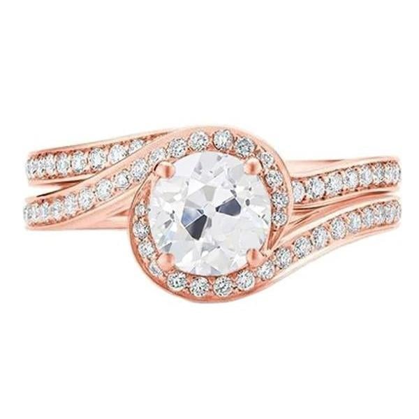 68989 2.50 CT Old Cut Diamond Split Shank Rose Gold Engagement Ring Set, Size 6.5
