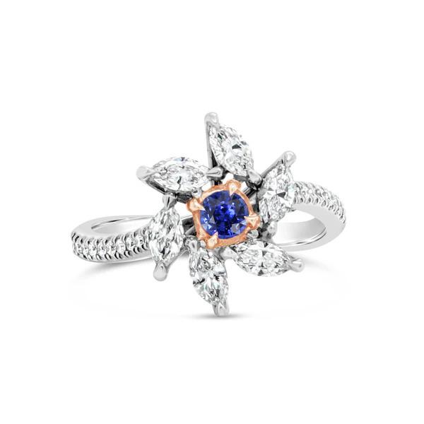 Picture of Harry Chad Enterprises 69444 Marquise Diamond Round Flower Style 2.50 CT Two Tone Sapphire Ring, Size 6.5