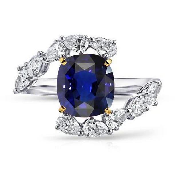 69451 Pear Diamond Cushion Deep Blue 3.50 CT Split Shank Sapphire Ring, Size 6.5